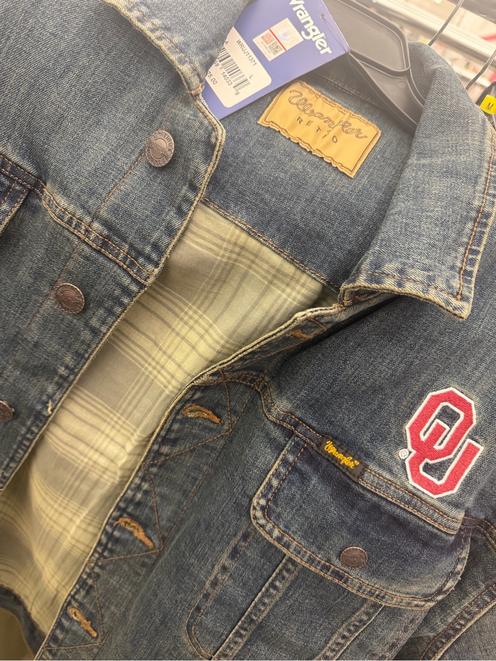 Wrangler Blue Denim Jacket with Tan Patch and Blue Tag